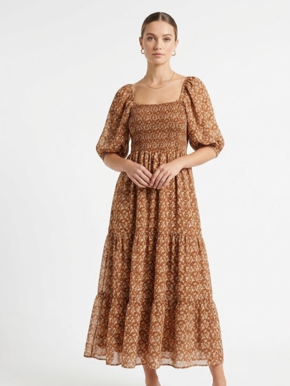 Tuckernuck O.P.T. Brown Floral Smocked Midi Dress - Size Medium